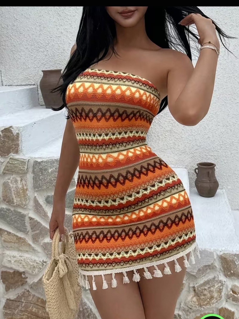 Strapless Orange Multi-Stripe Crochet Mini Dress